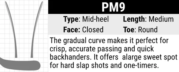 Bauer PM9 Hockey Stick Blade Curve: Mid-heel Curve, Medium Length, Closed Face and Round Toe. The gradual curve makes it perfect for crisp, accurate passing and quick backhanders. It offers a large sweet spot for hard slap shots and one-timers. 